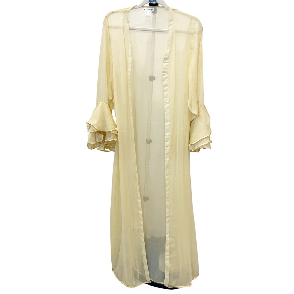 Venus Sheer Pale Yellow Ruffle Bell Sleeve Duster Cardigan Boho Coquette S/M